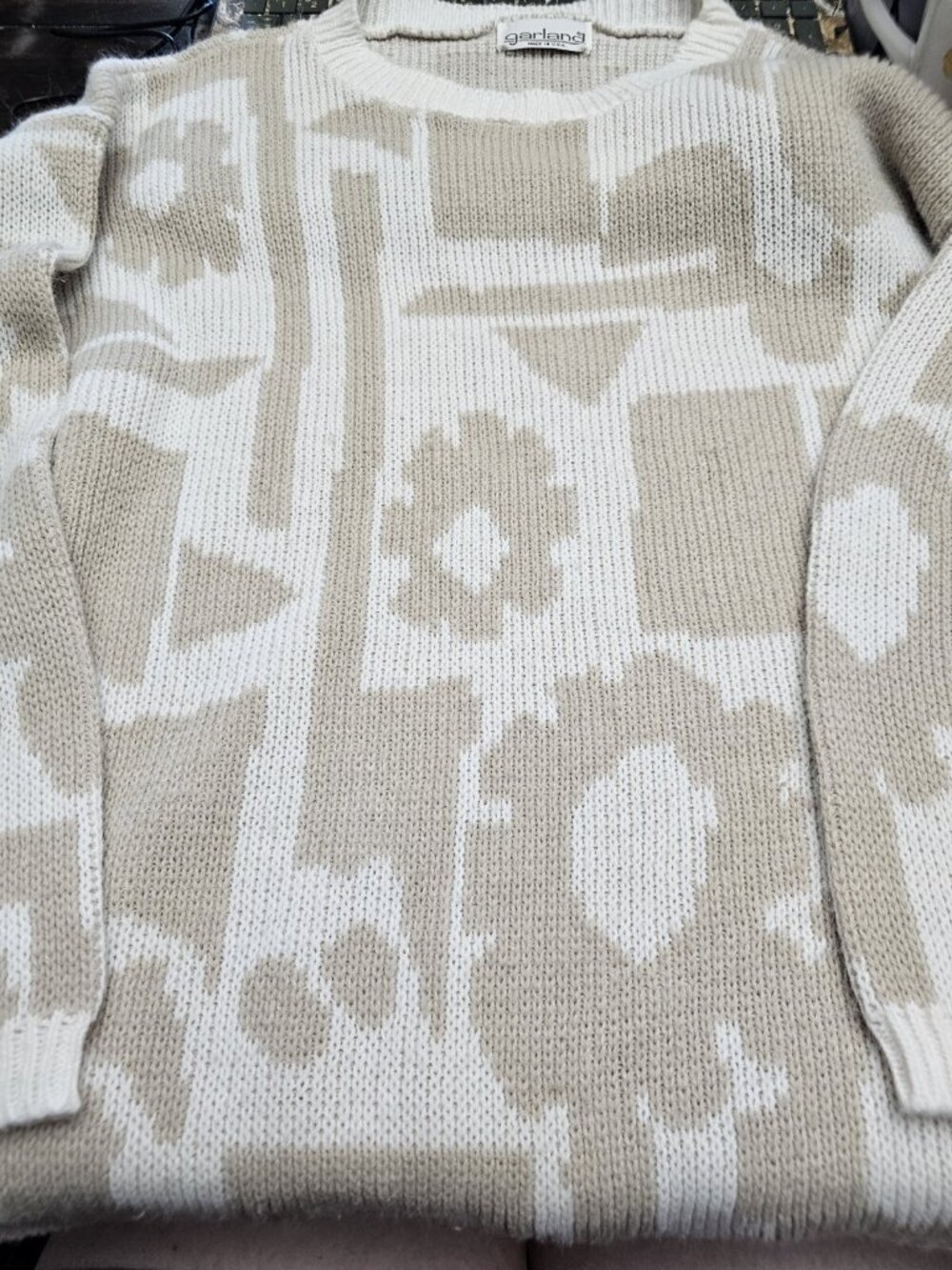 Garland Tan White Vintage Knit Sweater USA Made Women's Large Geometric Pattern